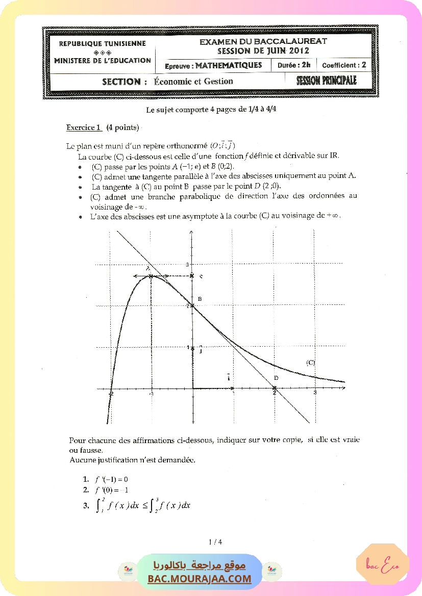 Sujet principale math Bac 2012 – Section eco